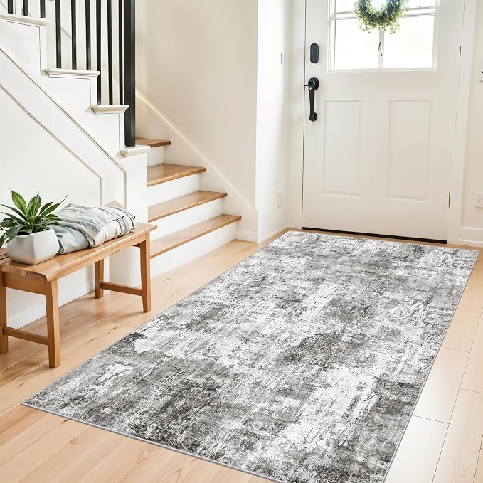 4x6 Entryway Rug – Non-Slip Low-Pile Small Area Rug for Kitchen Bedroom Living Room Office – Modern Abstract Neutral Throw Carpet with Rubber Backing (Grey)