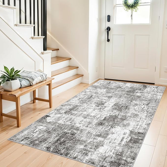 4x6 Entryway Rug – Non-Slip Low-Pile Small Area Rug for Kitchen Bedroom Living Room Office – Modern Abstract Neutral Throw Carpet with Rubber Backing (Grey)