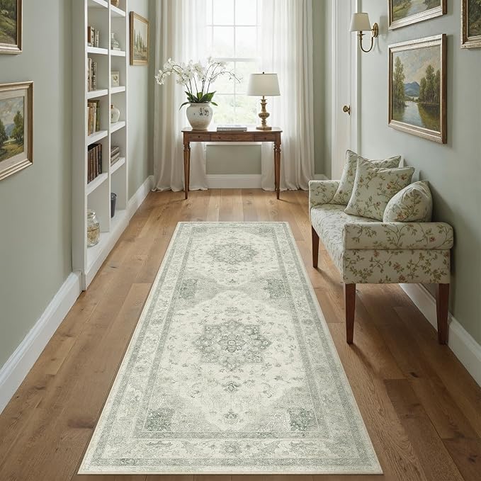 PureCozy Green Runner Rug 2x6 Washable Vintage Carpet Hallway Kitchen Soft Retro Low Pile Thin Indoor Bedroom Non Slip Oriental Medallion Long Throw Rug for Bathroom Laundry Dining Room