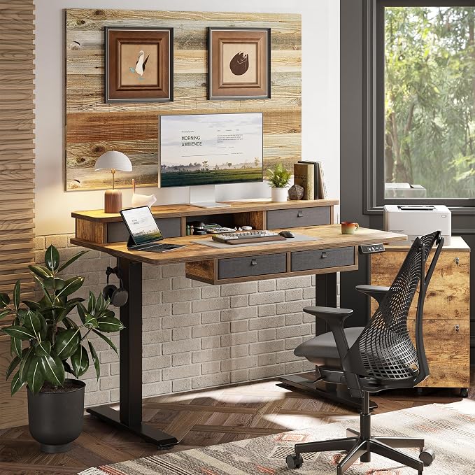 TIQLAB 55 * 28 Inch Standing Desk with Four Drawers, Electric Sit Stand Table, Stand Up Desk Adjustable Height with Storage Shelf, Splice Board, Rustic Brown