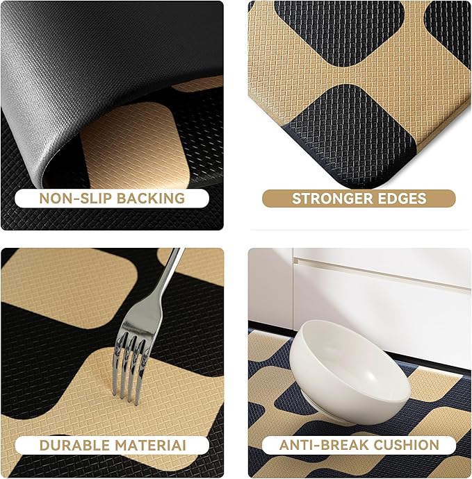 Black Brown Retro Curvy Checkered Grid Checkerboard Kitchen Rug Sets [2 PCs], Anti-Fatigue, Waterproof Non-Slip Kitchen Mats Heavy Duty Comfort Foam Rug for Floor, Home, Laundry,17"x29"+17"x47"