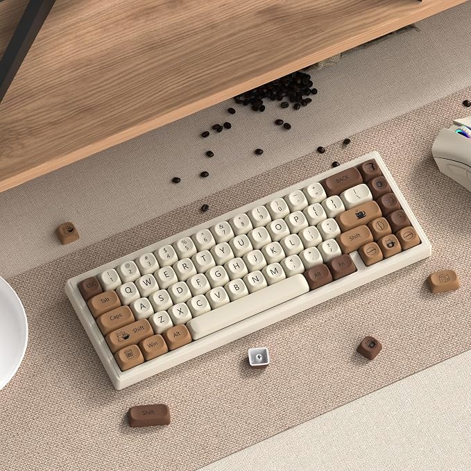 dagaladoo Cute Brown PBT Keycap Set,Coffee cat MOA Profile Keycaps 60 75 100 Percent,Dye-Sub 134-key Custom Keyboard Keycap for 100% 75% 65% 60% TKL US Layout Mechanical Keyboard