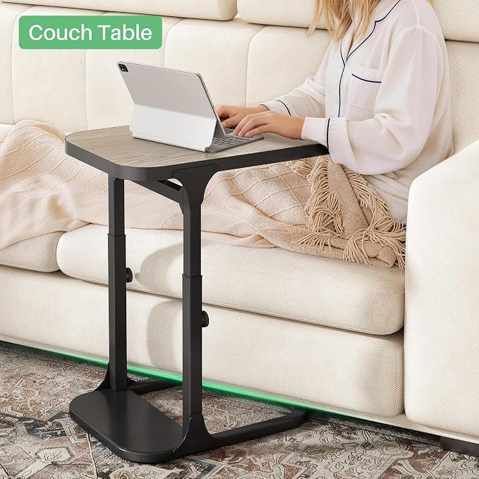 Kitstorack Height Adjustable End Table, Small Side Table for Couch, Sofa Table with Metal Frame for Living Room, Bedroom, Bedside C Shaped Table,Greige