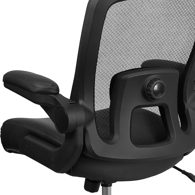 Flash Furniture Big & Tall Swivel Office and Gaming Chair with LeatherSoft Seat, Mesh Office Chair with Flip-Up Armrests and Adjustable Height, Black | Ergonomic, Adjustable Lumbar, Mesh Back, 500 LBS. Weight Capacity, LeatherSoft Upholstery, Flip-Up P...