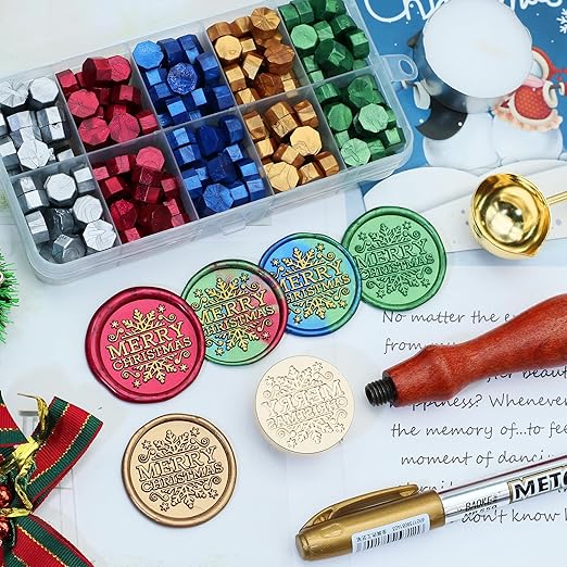 SWANGSA Merry Christmas Wax Seal Stamp Kit with 200pcs Sealing Wax Beads, Great for Christmas Cards, Invitations, Wine Packages, Gift Ideas
