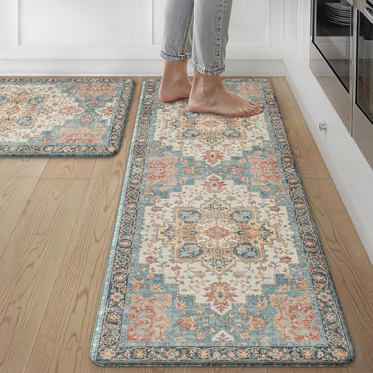 GENIMO Kitchen Mats for Floor 2PCs, Washable Anti Fatigue Mat for Cushioned, 17.3"x47"+17.3"x30", Waterproof Kitchen Rugs, Non Slip Comfort Standing Mat Rug for Home, Sink, Laundry, Blue&Salmon
