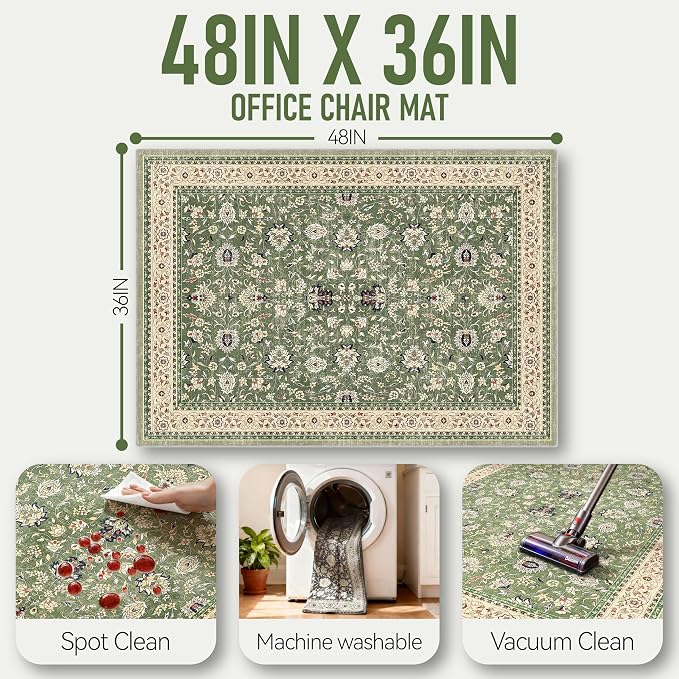 36"x48" Office Chair Mat for Hardwood, Under Desk Chair Mat for Home Office, Anti-Slip Office Rugs for Rolling Chairs, Floor Protector Washable Rugs Green