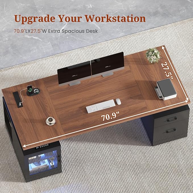 UPOSOJA 71 in Executive Standing Desk, Electric Height Adjustable Desk with Storage Drawers, Glass Cabinet, Shelves, Power Outlet, LED Light, Wood Sit Stand up Computer Desks for Home Office (Black)