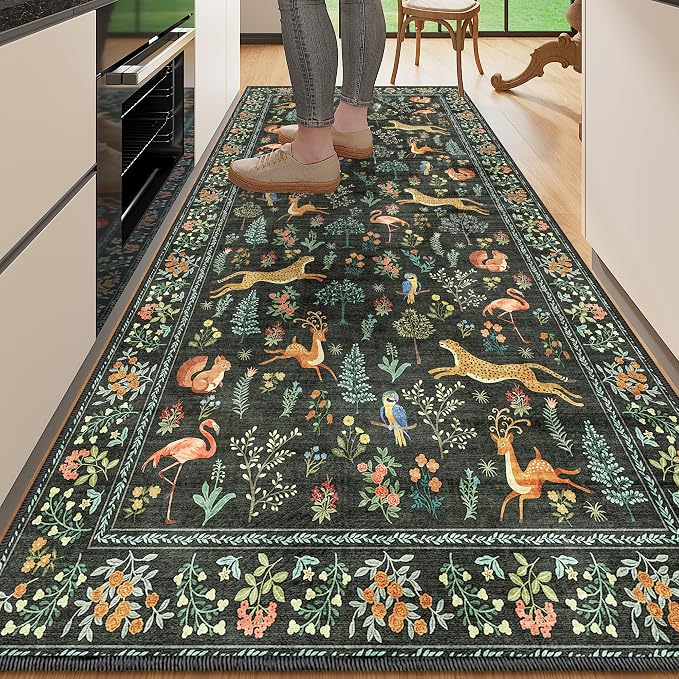 DUKINO 3x6 Washable Runner Rug, Low Pile Animal Print Non Slip Runner Rug for Kitchen, Lightweight & Non Shedding Indoor Carpet for Hallway, Kitchen, Entryway, Bathroom, Laundry, Black