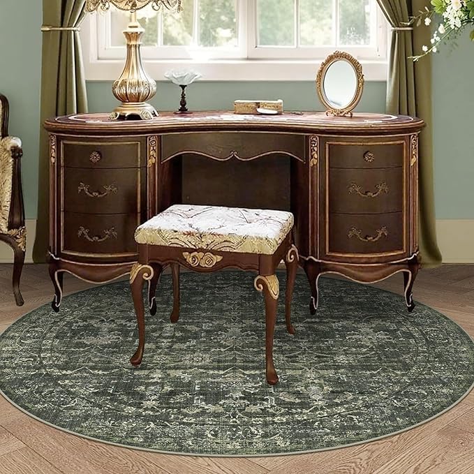 5ft Green Round Washable Area Rug for Living Room Vintage Boho Non Slip Circle 5x5 Rug Distressed Floral Carpet Indoor Retro Soft Low Pile Farmhouse Throw Rug for Bedroom Nursery Office