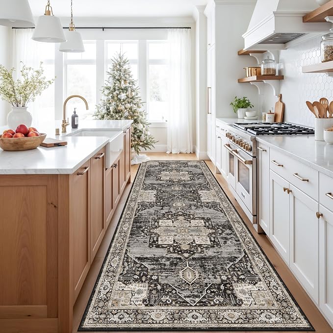 RUUGME Oriental Hallway 4x10 Rug - Washable Runner Rug Soft Stain Resistant Carpet for Kitchen entryway Vintage Lightweight Ultra-Thin Rugs with Non Slip Backing for RV Owners&Van Lifers 4X10 Black