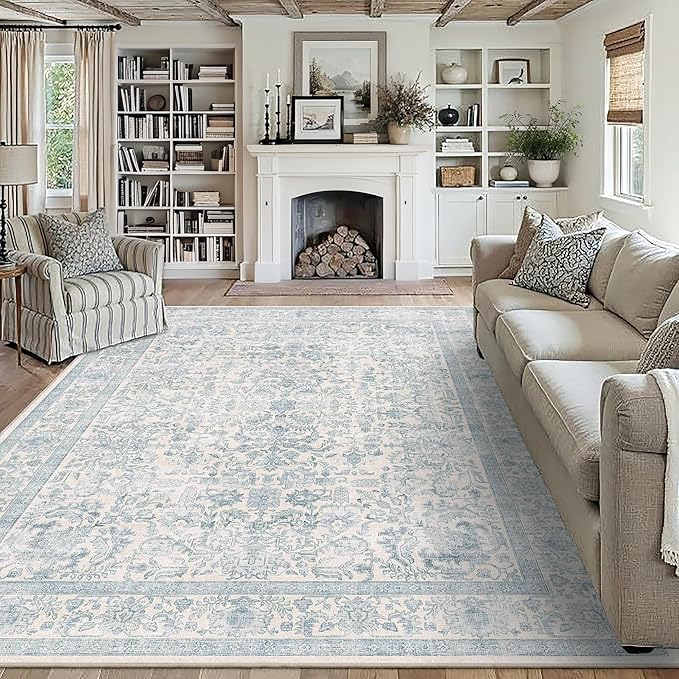 6x9 Blue Washable Area Rugs for Living Room Non Slip Low Pile Vintage Boho Throw Rug Soft Retro Distressed Floral Large Carpet Indoor Farmhouse Decor for Bedroom Dining Room Office Kitchen Playroom