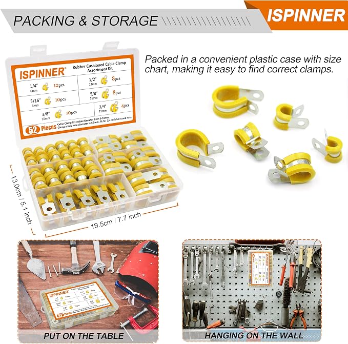 ISPINNER 52pcs Cable Clamps Assortment Kit, 304 Stainless Steel Rubber Cushion Pipe Clamps in 6 Sizes 1/4" 5/16" 3/8" 1/2" 5/8" 3/4" (Yellow)