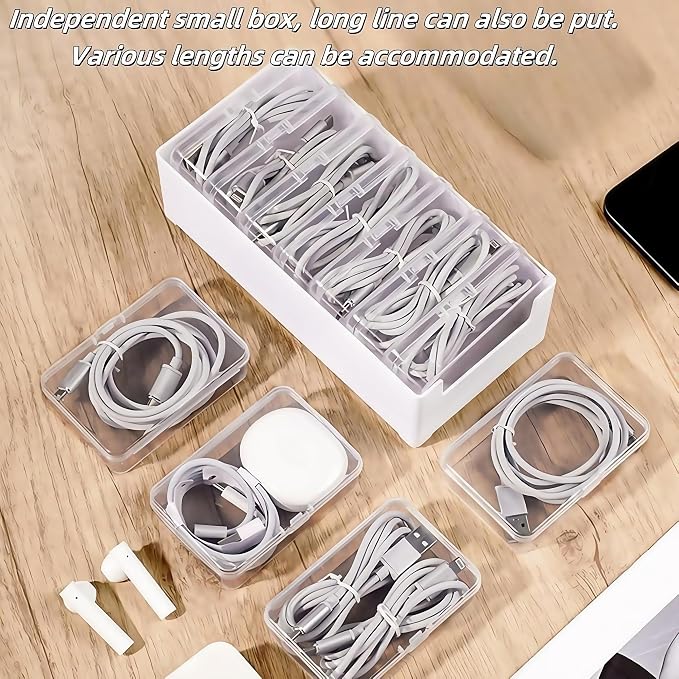 2 Pack 11 Grid Cable Organizer Box with Switch for Desktop Cord Storage | Desk wire sorting, office household dual use, multi grid classified storage, transparent visible interior, cord management
