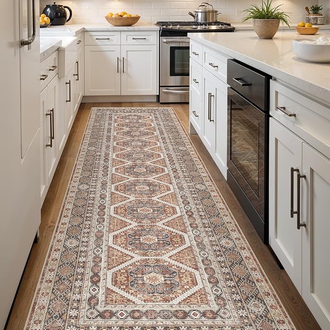 3x12 Runner Rug Kitchen Washable: Oriental Indoor Hallway Runners with Non Slip Backing Floor Mat for Entryway Door Low Pile Thin Carpet for Bedroom Bathroom Living Room Bedside Brick