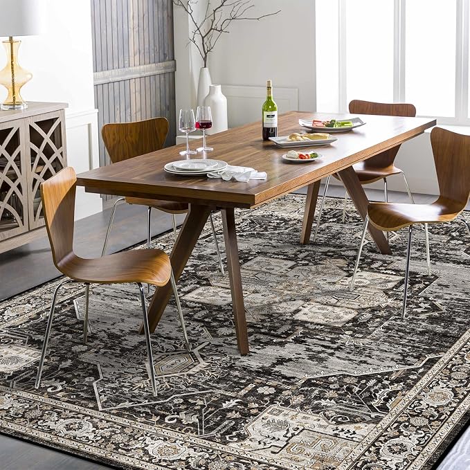 Washable 3x5 Area Rug - Soft Area Rugs for Living Room Stain Resistant Carpet Vintage Lightweight Rugs for Bedroom Kitchen entryway with Non Slip Backing Home Decor Small Mat 3X5 Black
