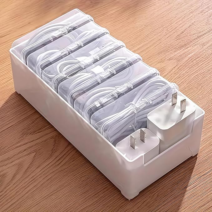 7 Grid Clear Cable Organizer Box with Switch for Desktop Cord Storage | Office desktop use, home wire sorting, stationery storage, detachable dividers, tidy cable arrangement