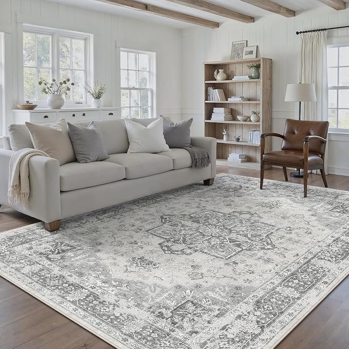PureCozy Gray 5x7 Area Rug Washable Vintage Living Room Carpet Non Slip Retro Distressed Low Pile Soft Oriental Medallion Thin Grey Throw Rug for Kitchen Bathroom Office Bedroom Dining Room