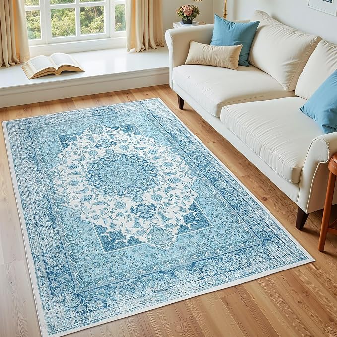 Macgace 4x6 Area Rug for Bedroom, Machine Washable Rugs with Non-Slip Backing for Living Room, Soft Vintage Carpet Kitchen Laundry Kids Room Decor, Celestial Blue