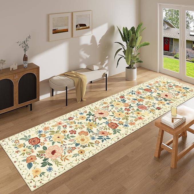 DUKINO 2.6x12 Kitchen Runner Rug, Lightweight Floral Washable Rug for Hallway, Boho Low Pile & Non Slip Backing Soft Floor Carpet for Entryway, Bedroom, Bathroom, Laundry, Beige Yellow