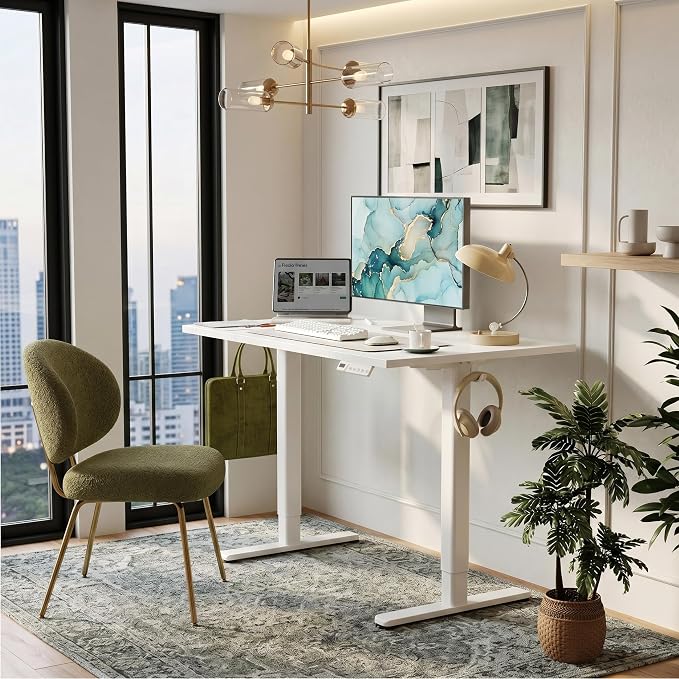 Claiks Electric Standing Desk, 48x24 Inch, White | Adjustable height for sit-stand, 156lbs capacity, scratch-resistant surface, 3 memory presets, cable management & hook.