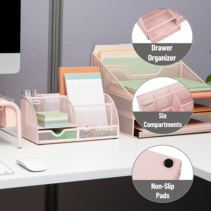 Mind Reader 7-Compartment Desktop Organizer, Metal Mesh Desk Organizer for Pens, Sticky Notes, Mail and Office Supplies, Pink