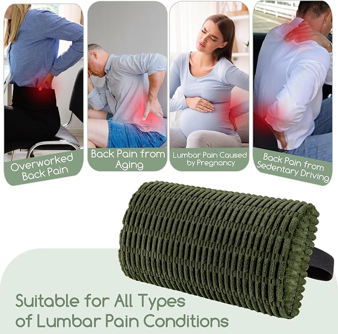 Lumbar Support Pillow for Recliner Chair/Office Chair/Couch, Memory Foam Back Support Cushion with Adjustable Strap, Recliner Cushions for Lower Back Pain Relief, Sleeping, Washable Cover, Dark Green