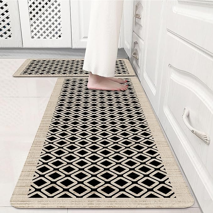 Black Vintage Geometric Elegance Grid Kitchen Rug Sets [2 PCs], Anti-Fatigue, Waterproof Non-Slip Kitchen Mats Heavy Duty Comfort Foam Rug for Kitchen, Floor, Laundry,17"x29"+17"x47"