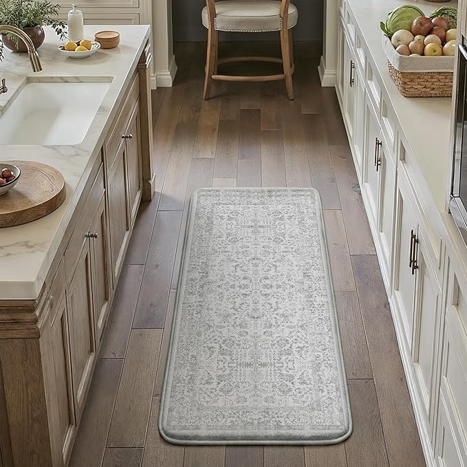 Kitchen Mats for Floor Anti Fatigue Cushioned Gray Vintage Kitchen Mats Waterproof Non Slip Comfort Standing Grey Retro Floral Runner Rug for Sink Laundry Office Bathroom 17.3"x47"