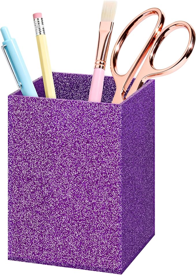 Acrylic Pen Holder Desk Organizer for Office, Purple Glitter | Sparkling glitter acrylic makeup brush and pencil holder for desk, Modern desktop organizer for home, school and office