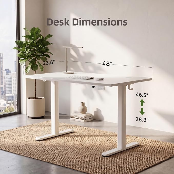 Claiks Electric Standing Desk 48x24 Inch Adjustable Desk, White | 156lbs weight capacity, 3 memory presets, industrial steel frame, cable management hub, adjustable height , easy assembly