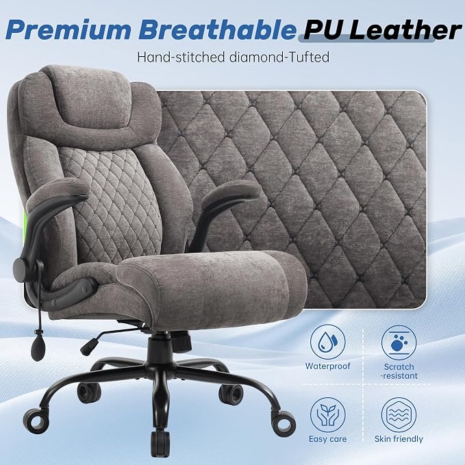 550LBS Big and Tall Office Chair, Comfy Heavy Duty Executive Chair with Adjustable Lumbar Support Double Spaces Casters, Fabric Extra Wide Seat Ergonomic Computer Desk Chair for Back Pain,Greycloth