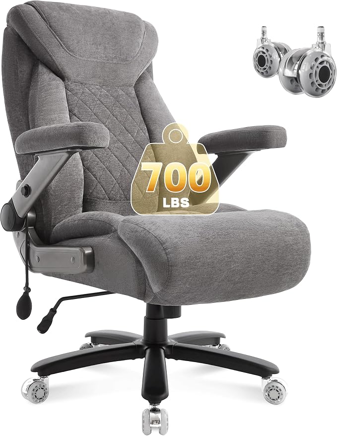 Fabric 700lbs Big and Tall Office Chair, Ergonomic Heavy Duty Executive Cloth Office Chair with 5D Flip Arms & Adjustable Lumbar Support & Dual Rubber Wheel, Large Thick Padded Extra Wide Seat, Grey