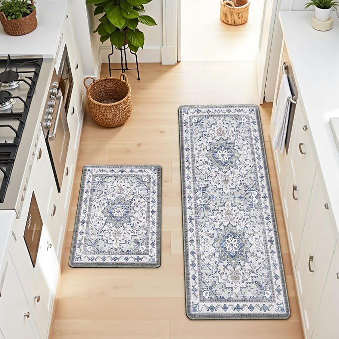 Boho Kitchen Mats for Floor 2 Piece Set Anti Fatigue Cushioned PVC Kitchen Rugs Non Slip Waterproof Farmhouse Mats 2/5 Inch Comfort Standing Mat for Sink, Laundry, 23.6"x39"+23.6"x59",C2