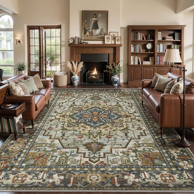 Tangsoo Vintage 5x7 Area Rug Washable Rugs for Living Room, Oriental Indoor Non Slip Large Area Rugs, Farmhouse Print Carpet, Soft Low Pile Foldable Floor Rug for Bedroom Dining Room