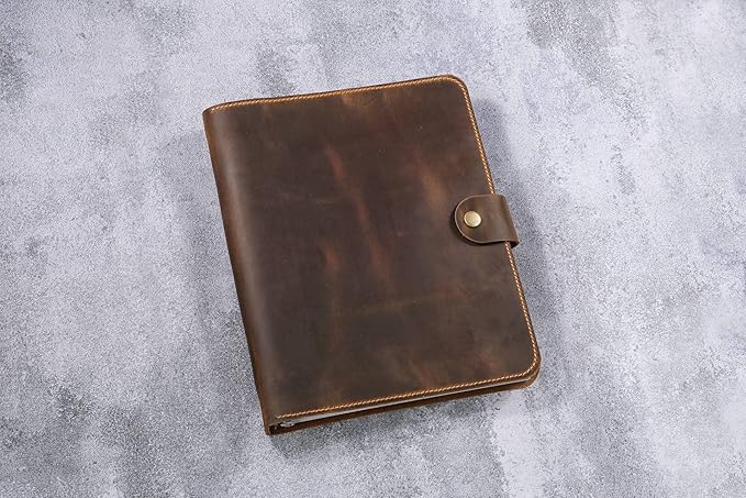 D&M Leather Studio Handmade Leather 3 Ring Binder Portfolio, Letter Size 8.5 x 11, Vintage Organizer Folder with Pockets, Pen Holder & Snap Closure, Brown