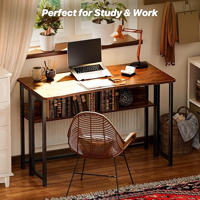 Huuger Folding Desk with Storage Shelf, 39.3 Inch Foldable Computer Table for Small Spaces, Space Saving Sofa Table for Couch, Writing Work Office Computer Desk, Easy to Fold, Rustic Brown
