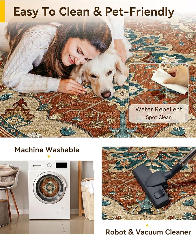 RELEANY Area Rugs Round 4ft Washable Non-Slip, Floral Vintage Distress Medallion Carpet for Living Room Bedroom Dining Room, Red Orange Blue Brown