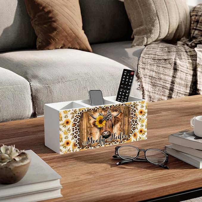 Leopard Highland Cow Wooden Pen Holder for Desk, Highland Cow Gifts for Women, Rustic Heifer Pencil Organizer Wooden Box Sign for Girls Bedroom Home Office Decoration
