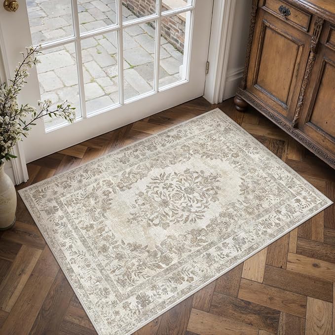 PureCozy 2x3 Area Rug Beige Washable Entryway Door Mat Indoor Vintage Medallion Floral Carpet Kitchen Bathroom Distressed Entrance Retro Small Non Slip Accent Throw Bedroom Office Dining Living Room