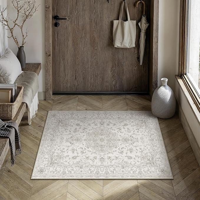 HUGEAR 2x3 Entrance Area Rug Vintage Beige Small Rug Machine Washable Door Mat Neutral Floral Low Pile Carpet Vacuumable Thin Throw Rug Entryway Kitchen Bathroom Bedroom Non Slip Lightweight