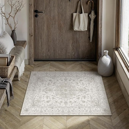 HUGEAR 2x3 Entrance Area Rug Vintage Beige Small Rug Machine Washable Door Mat Neutral Floral Low Pile Carpet Vacuumable Thin Throw Rug Entryway Kitchen Bathroom Bedroom Non Slip Lightweight