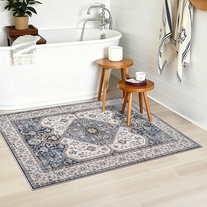 RUUGME Washable 2x3 Area Rug - Boho Rugs for Entry Way Stain Resistant Carpet Vintage Rugs for Bedroom Kitchen Bathroom with Non Slip Backing Floor Decoration Mat 2x3 Navy