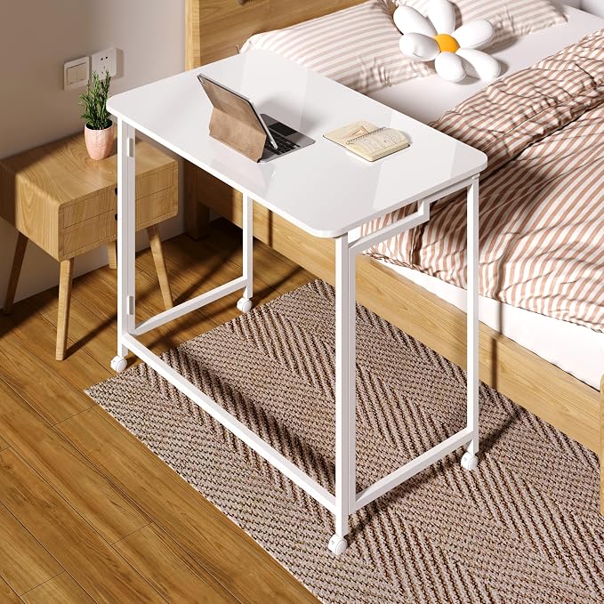 4NM 31.5" Mobile Small Rolling Computer Desk, Folding Laptop Cart Table with Wheels, Portable Office Desk for Small Space Couch Bed - All White