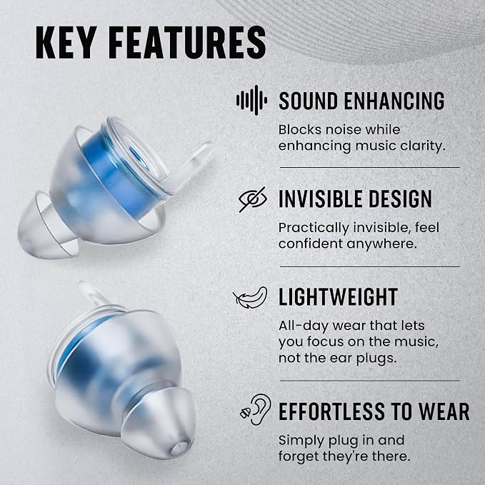 Plugz Lightweight Blue Concert Ear Plugs - Invisible, Easy to Wear Best Earplugs for Concerts, Loud Music, All-Day Comfort Ear Plugs for Noise Reduction Up to 23dB, Two Pairs in Sleek Portable Case
