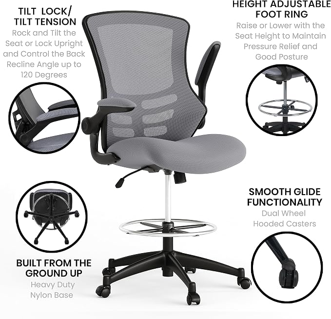 Flash Furniture Kelista Mid-Back Swivel Office Chair with Adjustable Seat Height, Ergonomic Mesh Desk Chair with Flip-Up Armrests, Dark Gray | Adjustable Foot Ring, Mid-Back, Flip-Up Arms, Mesh Back