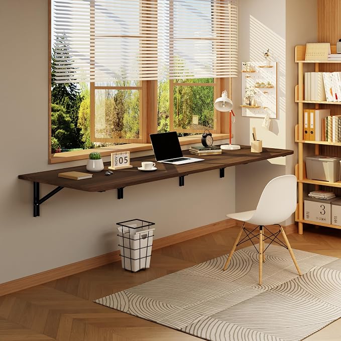 IAE Wall Mounted Floating Foldable Desk 72" x 22" Folding Computer Workstation Table with Engineered Wood and Metal Shelf Brackets,Fold&Floating Design for Home Office, Apartment,Laundry Room,Walnut