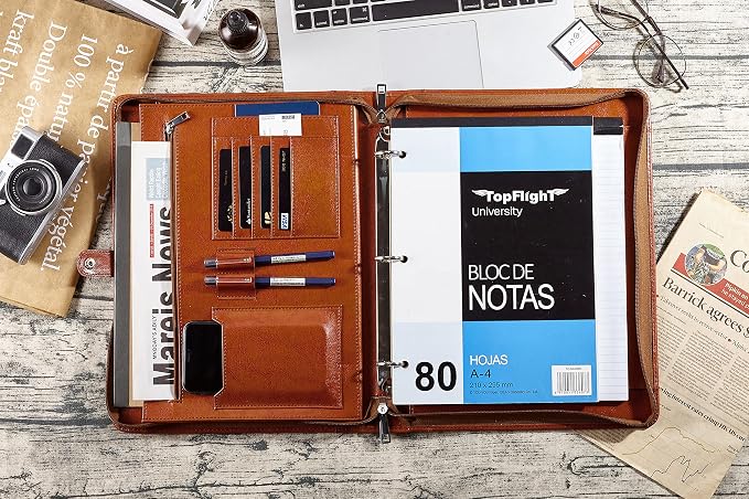 DUKE&COW Vegan Leather Portfolio Binder, 3 Ring Binder Padfolio for Women, Brown Folder, Handmade Oranizer, Personalized Resume Folder (Brown, Custom)