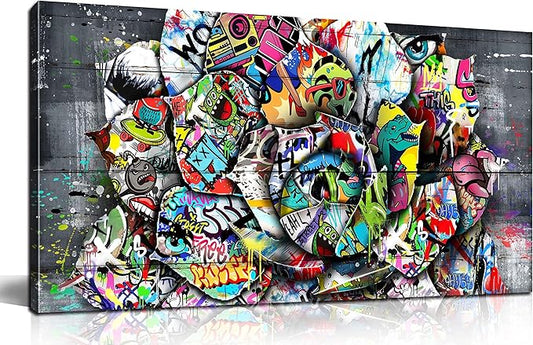 SIXTTART Floral Wall-Decor - Banksy Canvas Wall Decor - Graffiti Wall Art for Living Room Ready To Hang Size 40" x 20"