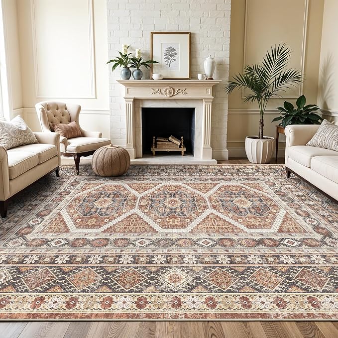 10x12 Area Rug for Living Room: Vintage Oriental Washable Rug for Bedroom Dining Room with Non Slip Rubber Backing Stain Resistant Low Pile Large Carpet Home Office (Brick, 10x12)